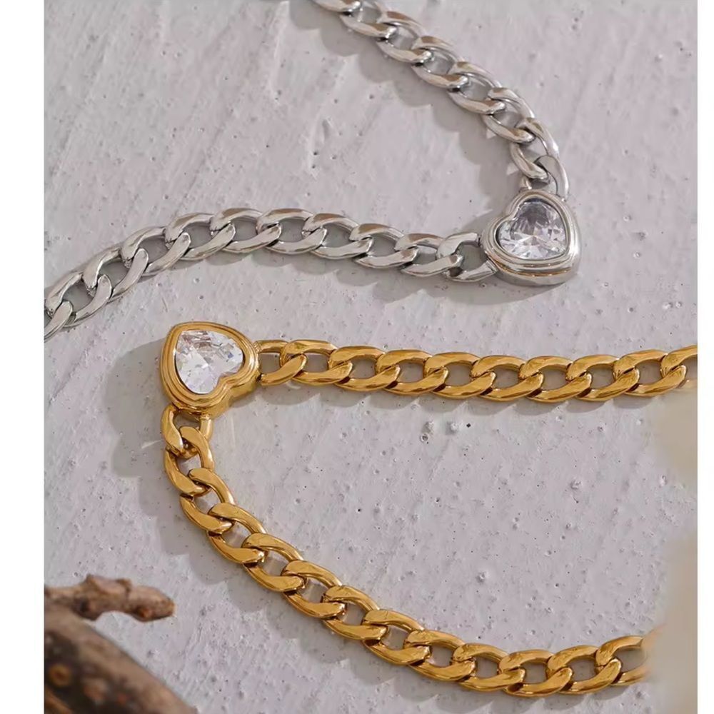 Gold Heart Cubic Zirconia Chain Necklace – Stainless Steel  Gold Plated